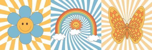 groovy hippie jaren 70 set. grappig tekenfilm bloem, madeliefje, regenboog, vlinder, zon enz. sticker pak in modieus retro psychedelisch tekenfilm stijl. geïsoleerd vector illustratie. mooi zo gevoel