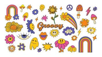 reeks van hipster retro jaren 70 Jaren 60 groovy psychedelisch elementen. tekenfilm madeliefje bloemen, regenboog, paddestoelen, vrede teken, hart, hippie sticker vector set. positief symbolen of badges geïsoleerd Aan wit