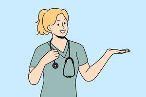 glimlachen vrouw verpleegster in medisch uniform tonen mooi zo transactie of bieden. gelukkig vrouw dokter of gp adviseren uitverkoop of Promotie. geneeskunde en gezondheidszorg. vector illustratie.