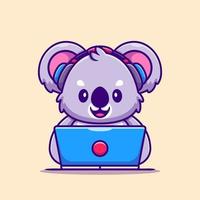 schattig koala werken Aan laptop met koptelefoon tekenfilm vector icoon illustratie. dier technologie icoon concept geïsoleerd premie vector. vlak tekenfilm stijl