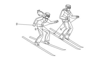 Mens en vrouw skiën bergafwaarts van heuvel vector