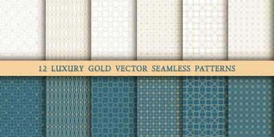 een reeks van 12 luxueus meetkundig goud patronen voor het drukken en ontwerp, gouden lijnen Aan een wit en groente, smaragd achtergrond. modern en elegant patronen vector