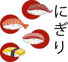 Japans keuken, reeks van Aziatisch voedsel. voor restaurant menu's en affiches. levering sites vector vlak illustratie geïsoleerd Aan wit achtergrond. sushi broodjes onigiri soja saus set. voorraad afbeelding