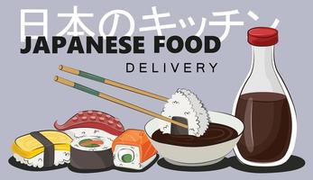 Japans keuken, Aziatisch voedsel. voor restaurant menu's en affiches. levering sites vector vlak illustratie geïsoleerd Aan wit achtergrond. sushi broodjes onigiri soja saus set. voorraad afbeelding