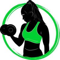 oefening met halters. logo. vrouw in opleiding. geschiktheid. halters. silhouet. sport. Sportschool. bodybuilding. vector