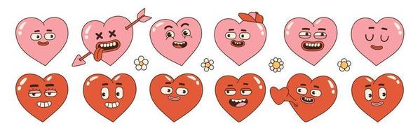 groovy lief harten stickers. liefde concept. gelukkig valentijnsdag dag. roze en rood kleuren. vector