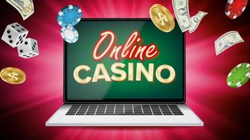 online casino vector. banier met laptop. poker het gokken casino poster teken. pot aanplakbord, promo concept illustratie. vector