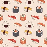 vector naadloos patroon met sushi en onigiri. achtergrond met rijstwijn sushi, ebi nigiri, Philadelphia en maki sushi rollen. Aziatisch voedsel.