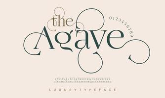 agave luxe mode doopvont alfabet. typografie kolken lettertype hoofdletters kleine letters en nummer. vector illustratie