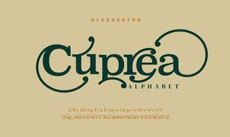 cuprea luxe bruiloft doopvont alfabet. typografie kolken lettertype hoofdletters kleine letters en nummer. vector illustratie