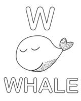 alfabet kleurplaat met walvis dier in doodle stijl vector