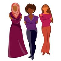 omhelzing eigen vermogen concept.drie Dames van verschillend nationaliteit Afrikaanse amerikaans, europees en moslim vrouw omhelzing zich vector illustratie.groep van verschillend vrouwen, activisme concept zelf liefde.iwd.