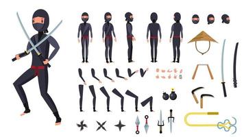 Ninja vector. geanimeerd karakter creatie set. Ninja gereedschap set. vol lengte, voorkant, kant, terug visie, accessoires, poseert, gezicht emoties, gebaren. geïsoleerd vlak tekenfilm illustratie vector