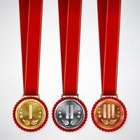 goud, zilver, bronzen plaats insigne, medaille reeks vector. realistisch prestatie met eerst, seconde, derde plaatsing. ronde kampioenschap label, rood rozet. winnaar eer prijs. sport spel uitdaging prijs vector