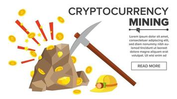 rots met goud munten vector. bitcoin cryptogeld concept. de mijne, kies, helm. graven naar krijgen virtueel munten. vlak tekenfilm illustratie vector