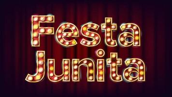 festa Junina banier vector. carnaval wijnoogst gouden verlichte neon licht. voor maskerade reclame ontwerp. modern illustratie vector