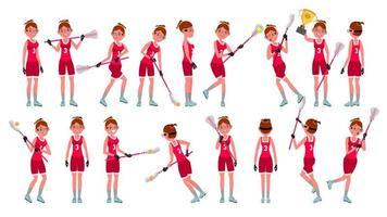 lacrosse meisje vector. vangst de bal. rennen. teamgenoten in verschillend poseert. sport wedstrijden. tekenfilm karakter illustratie vector