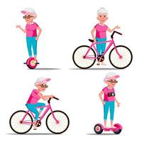 oud vrouw rijden hoverboard, fiets vector. stad buitenshuis sport werkzaamheid. gyro scooter, fiets. eco vriendelijk. gezond levensstijl. geïsoleerd illustratie vector