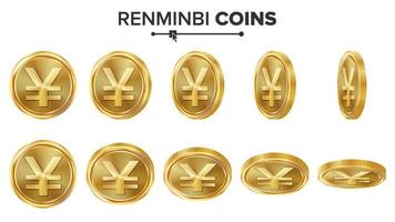 renminbi 3d goud munten vector set. realistisch illustratie. omdraaien verschillend hoeken. geld voorkant kant. investering concept. financiën munt pictogrammen, teken succes bank contant geld symbool. valuta geïsoleerd Aan wit