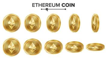 ethereum munt 3d goud munten vector set. realistisch. omdraaien verschillend hoeken. digitaal valuta geld. investering concept. geheimschrift munt pictogrammen, teken. FinTech blockchain. valuta geïsoleerd Aan wit