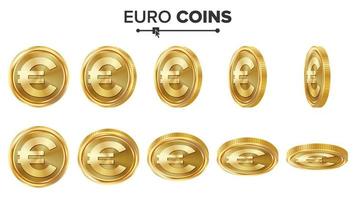 euro 3d goud munten vector set. realistisch illustratie. omdraaien verschillend hoeken. geld voorkant kant. investering concept. financiën munt pictogrammen, teken, succes bank contant geld symbool. valuta geïsoleerd Aan wit