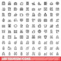 100 toerisme iconen set, Kaderstijl vector