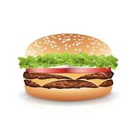 snel voedsel realistisch hamburger vector. Hamburger icoon met vlees, sla, kaas en tomaat. geïsoleerd vector