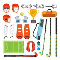 veld- hockey pictogrammen reeks vector. veld- hockey accessoires. bal, helm, bescherming, stok, beker. geïsoleerd vlak tekenfilm illustratie vector