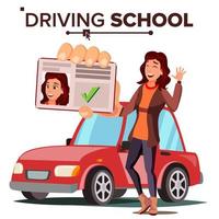 vrouw in het rijden school- vector. opleiding auto. geslaagd voorbij gaan aan examen. het rijden licentie. geïsoleerd vlak illustratie vector