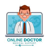 online dokter Mens vector. medisch overleg concept ontwerp. mannetje kijken uit laptop. online geneeskunde steun. geïsoleerd vlak illustratie vector