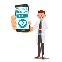 online dokter mobiel onderhoud vector. Mens Holding smartphone met online overleg Aan scherm. geneeskunde steun. gezondheidszorg app. geïsoleerd vlak illustratie vector