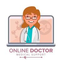 online dokter vrouw vector. medisch overleg concept ontwerp. vrouw kijken uit laptop. online geneeskunde steun. geïsoleerd vlak illustratie vector