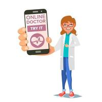 online dokter mobiel onderhoud vector. vrouw Holding smartphone met online overleg Aan scherm. geneeskunde steun. gezondheidszorg app. geïsoleerd vlak illustratie vector