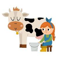 vector melkmeisje icoon. boer meisje melken koe. schattig kind aan het doen agrarisch werk. landelijk land tafereel. kind met schattig dier. grappig boerderij illustratie met tekenfilm tekens