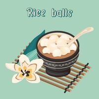 Chinese toetje tangyuan. rijst- meel ballen in zoet siroop met sakura bloeit. Aziatisch voedsel. vector vlak getrokken illustratie voor restaurant borden, menu, zoet, Koken concept