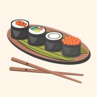 reeks van Japans nigiri sushi maki met eetstokjes, bladeren. Aziatisch gerecht. traditioneel voedsel detailopname met eetstokjes, houten dienblad. vector vlak illustratie voor menu, poster, folder, banier, Koken concept
