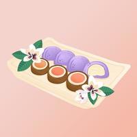 reeks van Aziatisch nagerecht. Chinese rijst- koekjes en Japans mochi met sakura bloeit. vector vlak getrokken illustratie voor restaurant borden, menu, poster, folder, banier, levering, Koken concept