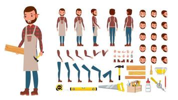 timmerman vector. geanimeerd professioneel karakter creatie set. werkplaats, hout werk hulpmiddel. vol lengte, voorkant, kant, terug visie, accessoires, poseert, emoties, gebaren. vlak tekenfilm illustratie vector