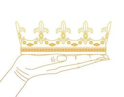 hand- Holding een gouden kroon. concept van een prijs ceremonie of kroning. sjabloon voor logo ontwerp, icoon, ansichtkaart, insigne, afdrukken. gemakkelijk vector illustratie van lineair stijl