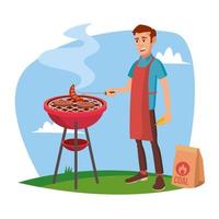 bbq Koken vector. klassiek Amerikaans glimlachen Mens barbecueën. geïsoleerd Aan wit tekenfilm karakter illustratie vector