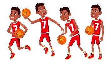 basketbal speler kind reeks vector. divers poseert. atleet in uniform met bal. sport spel wedstrijd. spel. geïsoleerd vlak tekenfilm illustratie vector