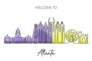 Atlanta stad horizon een doorlopend lijn tekening. wereld beroemd toerisme bestemming. gemakkelijk hand- getrokken stijl ontwerp voor reizen en toerisme Promotie campagne vector