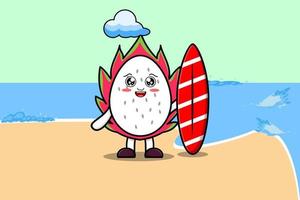 schattig tekenfilm draak fruit karakter Speel surfing vector