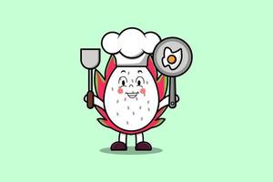 tekenfilm draak fruit chef Holding pan en spatel vector