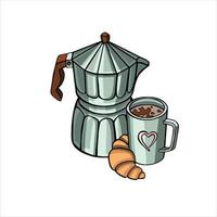 koffie pot en kop van koffie met croissant illustratie vector