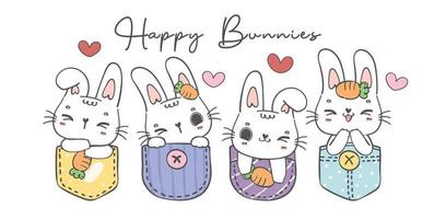 groep van vier schattig baby wit gelukkig konijn konijn dier in zoet t overhemd zak- tekenfilm karakter tekening hand- tekening vector