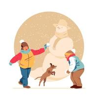 kinderen en een hond spelen in de sneeuw vector