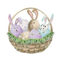 waterverf hand- getrokken Pasen viering clip art. mand met geschilderd eieren, gras, konijntjes, pastel kleur. geïsoleerd Aan wit achtergrond ontwerp voor uitnodigingen, geschenken, groet kaarten, afdrukken, textiel vector