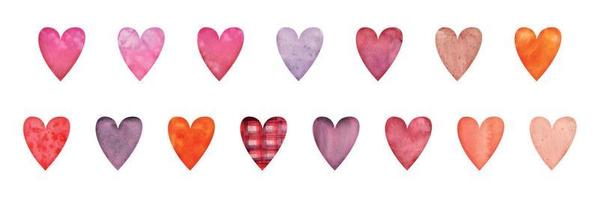 waterverf hand- getrokken reeks van voorwerpen, getextureerde rood, roze en Purper harten voor Valentijnsdag dag. geïsoleerd Aan wit achtergrond. ontwerp voor papier, liefde, groet kaarten, textiel, afdrukken, behang, bruiloft vector