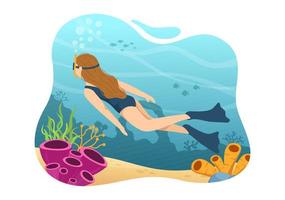snorkelen illustratie met onderwater- zwemmen verkennen zee, koraal rif of vis in de oceaan voor landen bladzijde in tekenfilm hand- getrokken Sjablonen vector